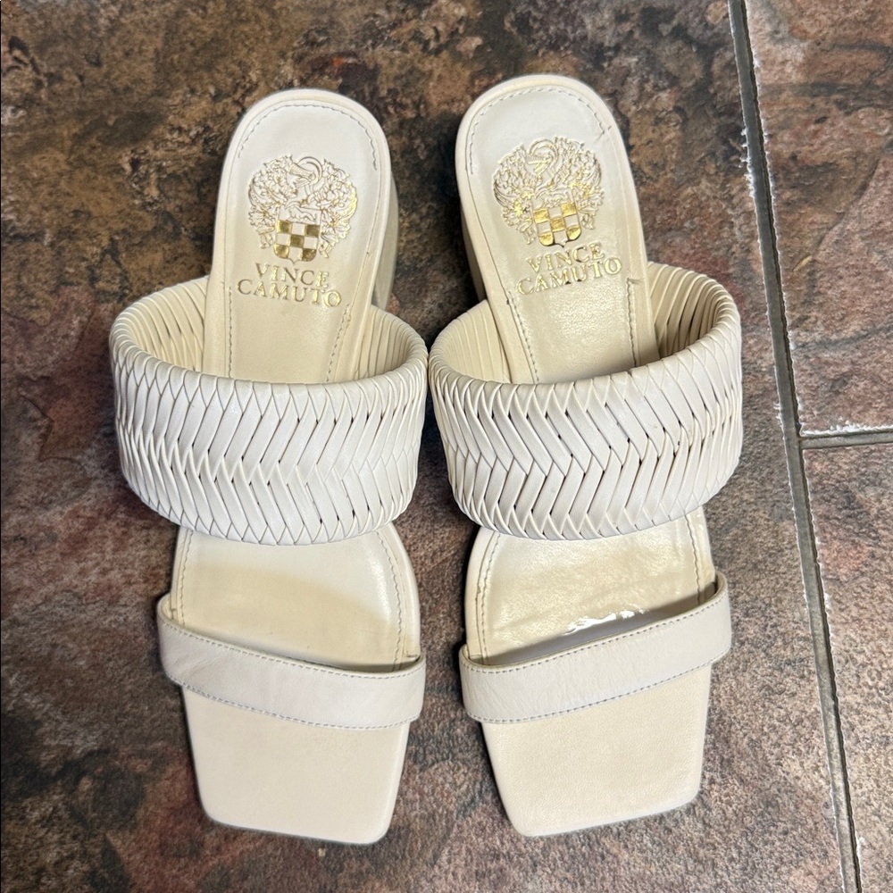 WB Vince Camuto chunky heeled slip-on sandals.